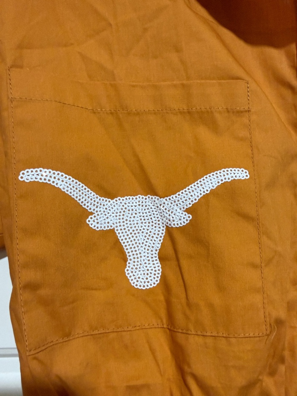 QUEEN OF SPARKLES Orange Short-Sleeve Utility Romper with White Embroidery - Picture 4 of 9